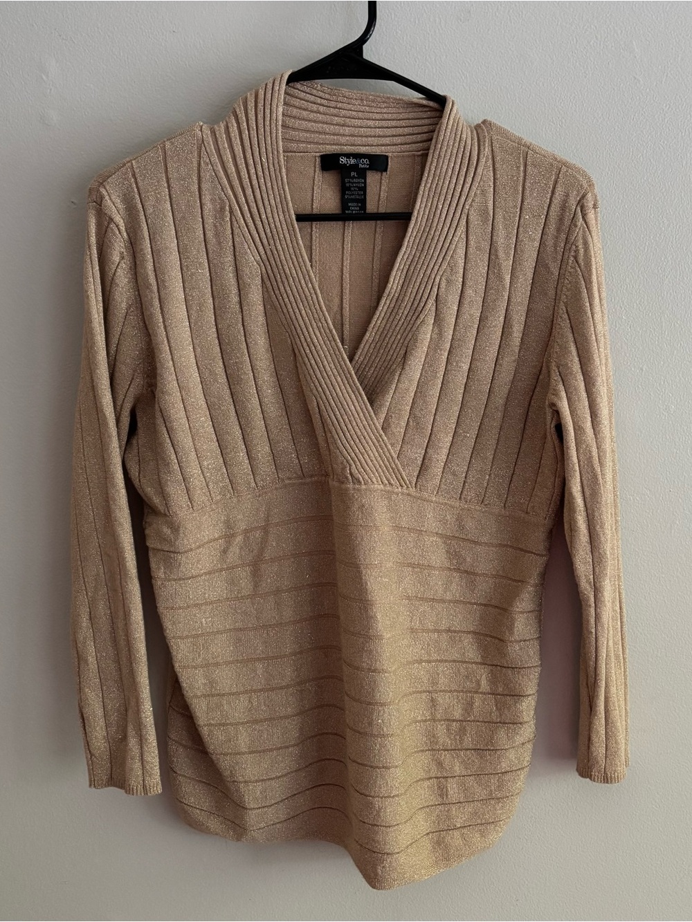 Style & Co. Metallic Tan V-Neck Ribbed Sweater